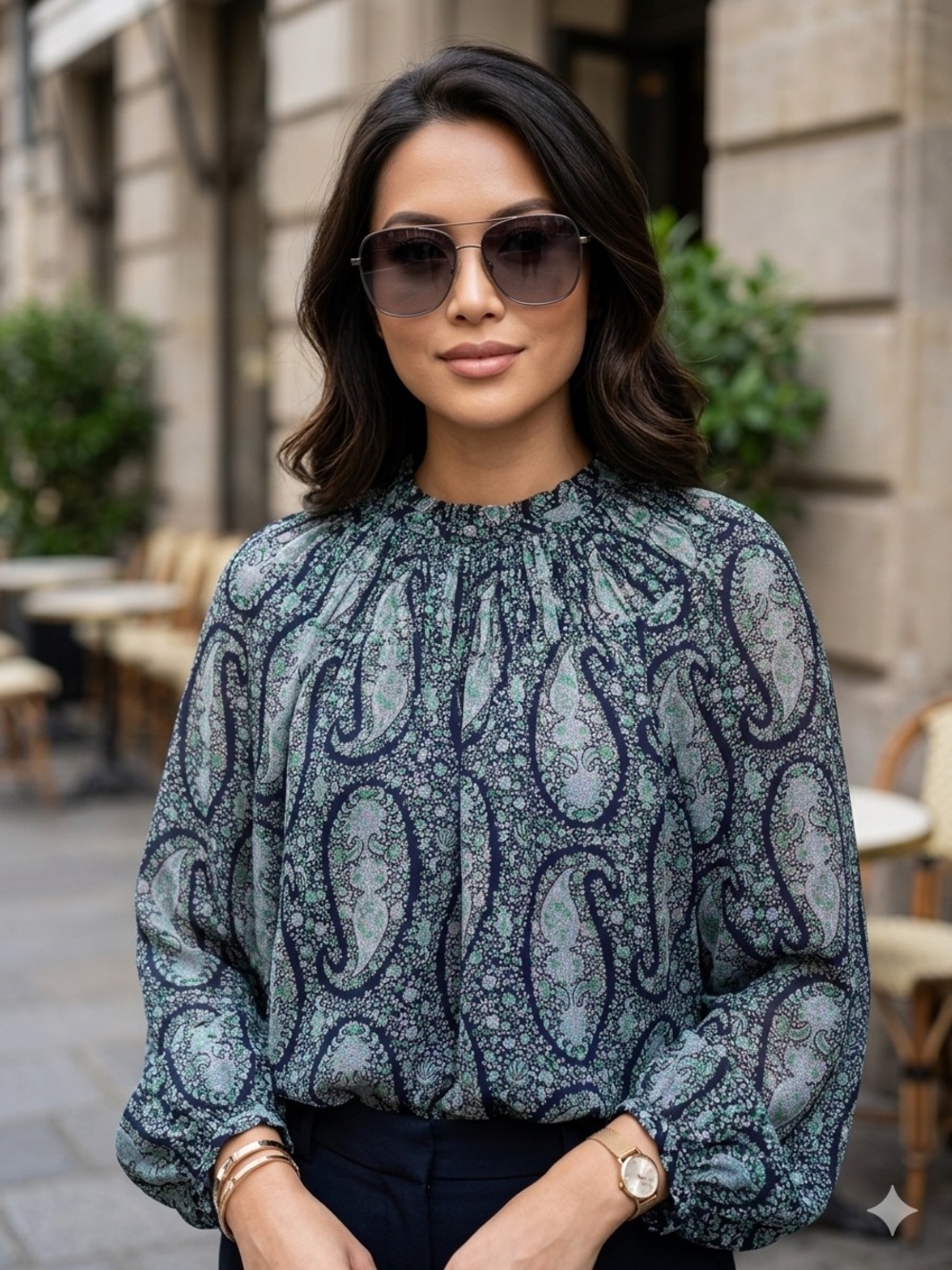 J. Crew Indi Sleeze Boho Chic Feminine Navy and Sage Paisley Smocked-Neck Blouse